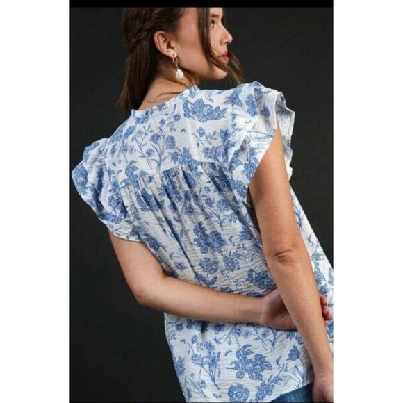 Umgee Full Size Two Tone Boxy Cut Floral Print Blue White Size Small - Picture 3 of 6
